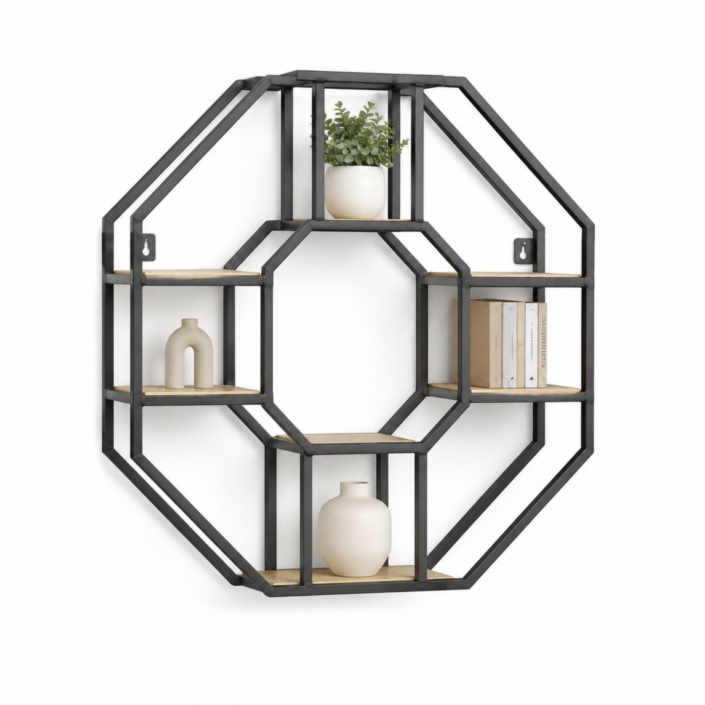 Étagère murale décorative noire en acier et MDF forme octogonale 80 x 80 x 12 cm
