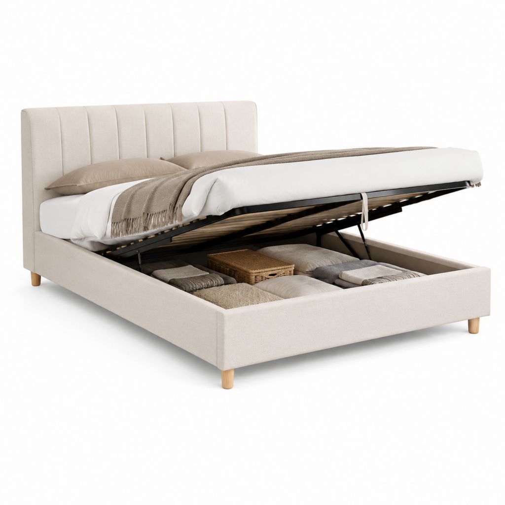 Lit coffre 160 x 200 cm beige en polyester avec tête de lit capitonnée