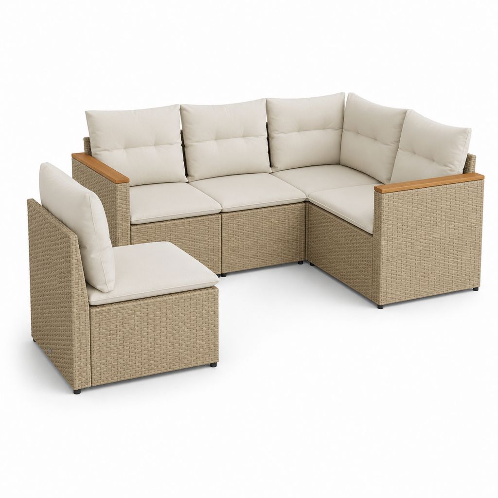Salon de jardin d'angle 5 places beige en résine tressée PE et aluminium avec coussins 230 x 230 x 85 cm
