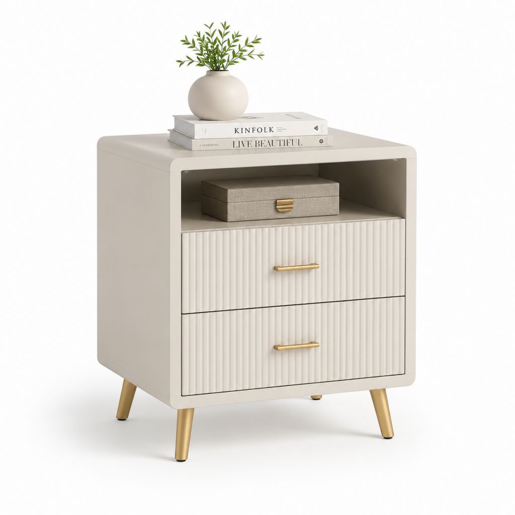 Table de chevet rectangulaire 2 tiroirs blanc cassé en MDF rainuré 60 x 40 x 65 cm