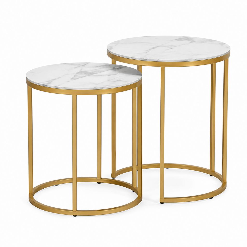 Lot de 2 tables d'appoint rondes blanches effet marbre et dorées en MDF et acier Ø50 x 50 cm et Ø60 x 60 cm