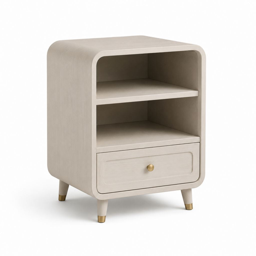 Table de chevet beige en panneaux MDF forme rectangulaire avec 1 tiroir et 2 niches 45 x 40 x 65 cm