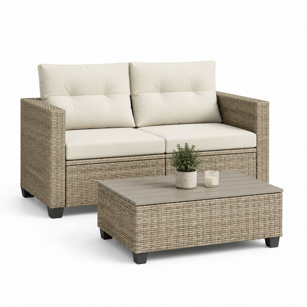 Salon de jardin 2 places avec table basse beige en résine tressée PE 124 x 68 x 78 cm
