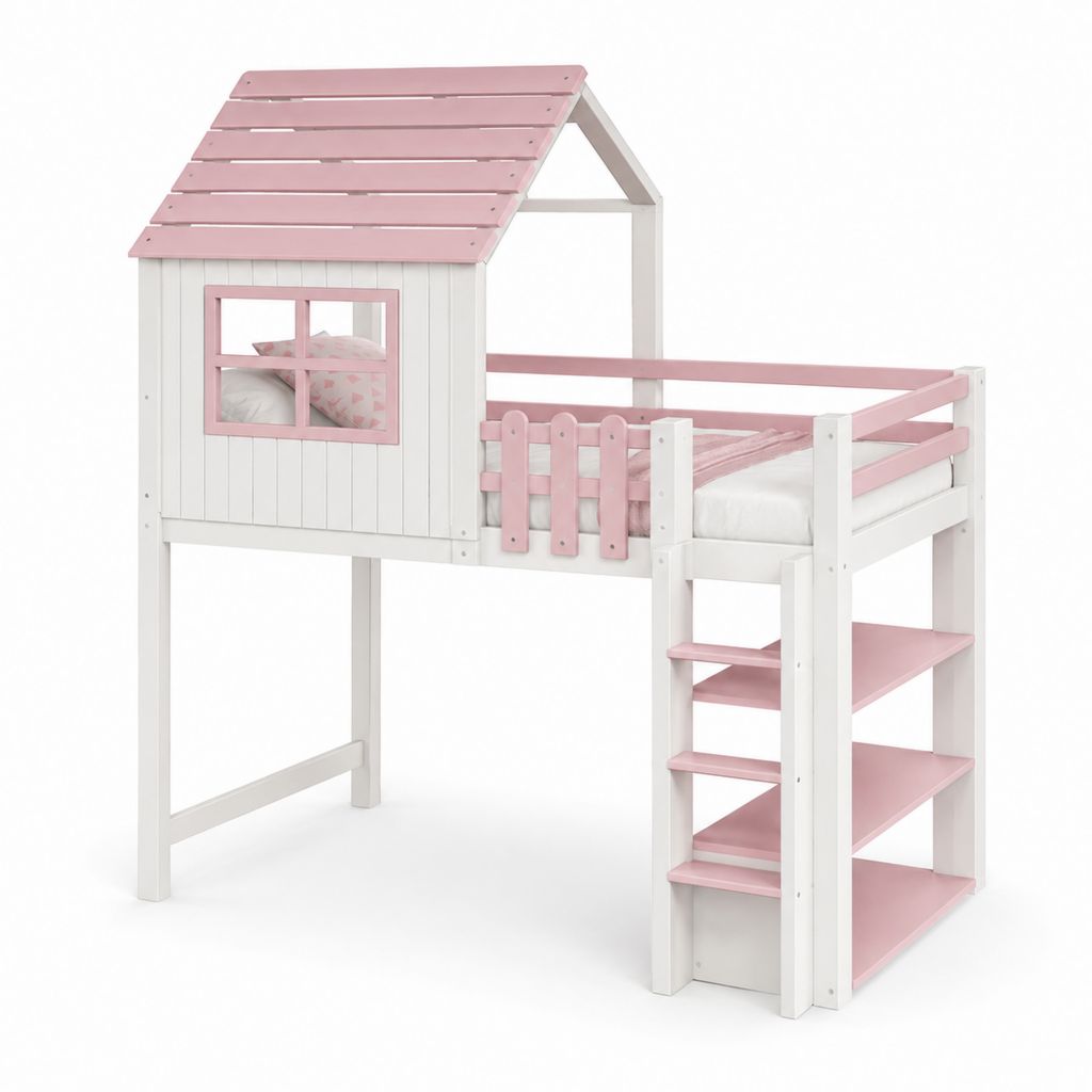 Lit mezzanine cabane enfant rose et blanc en pin massif 90 x 200 cm