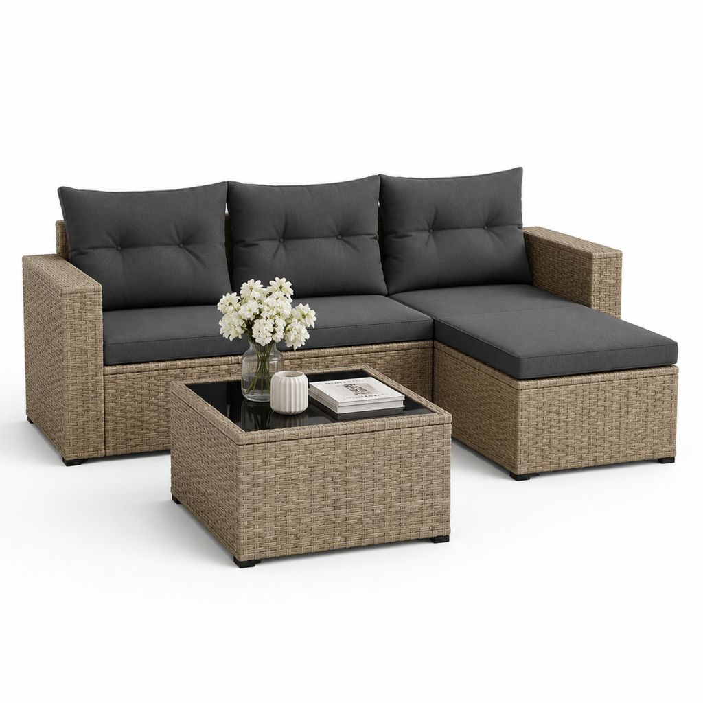 Salon de jardin d'angle 3 pièces beige et anthracite en résine tressée avec coussins 195 x 135 x 65 cm