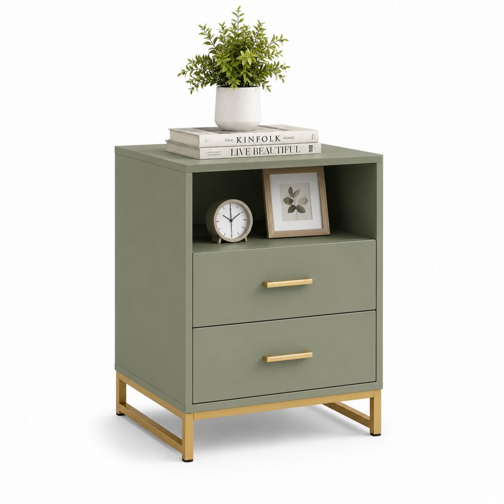 Table de chevet 2 tiroirs avec niche vert sauge en MDF et acier 50 x 40 x 65 cm