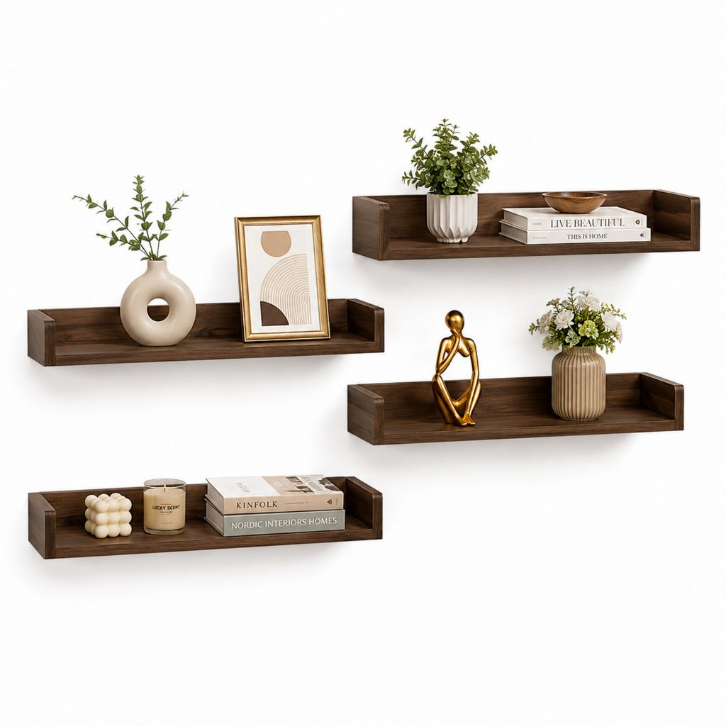 Lot de 4 étagères murales flottantes marron foncé en bois massif rectangulaires 40 x 12 x 10 cm