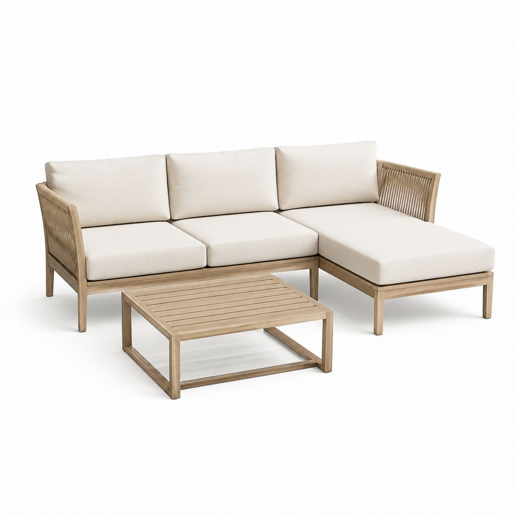 Salon de jardin d'angle 3 pièces beige en acacia massif avec coussins 220 x 145 x 78 cm
