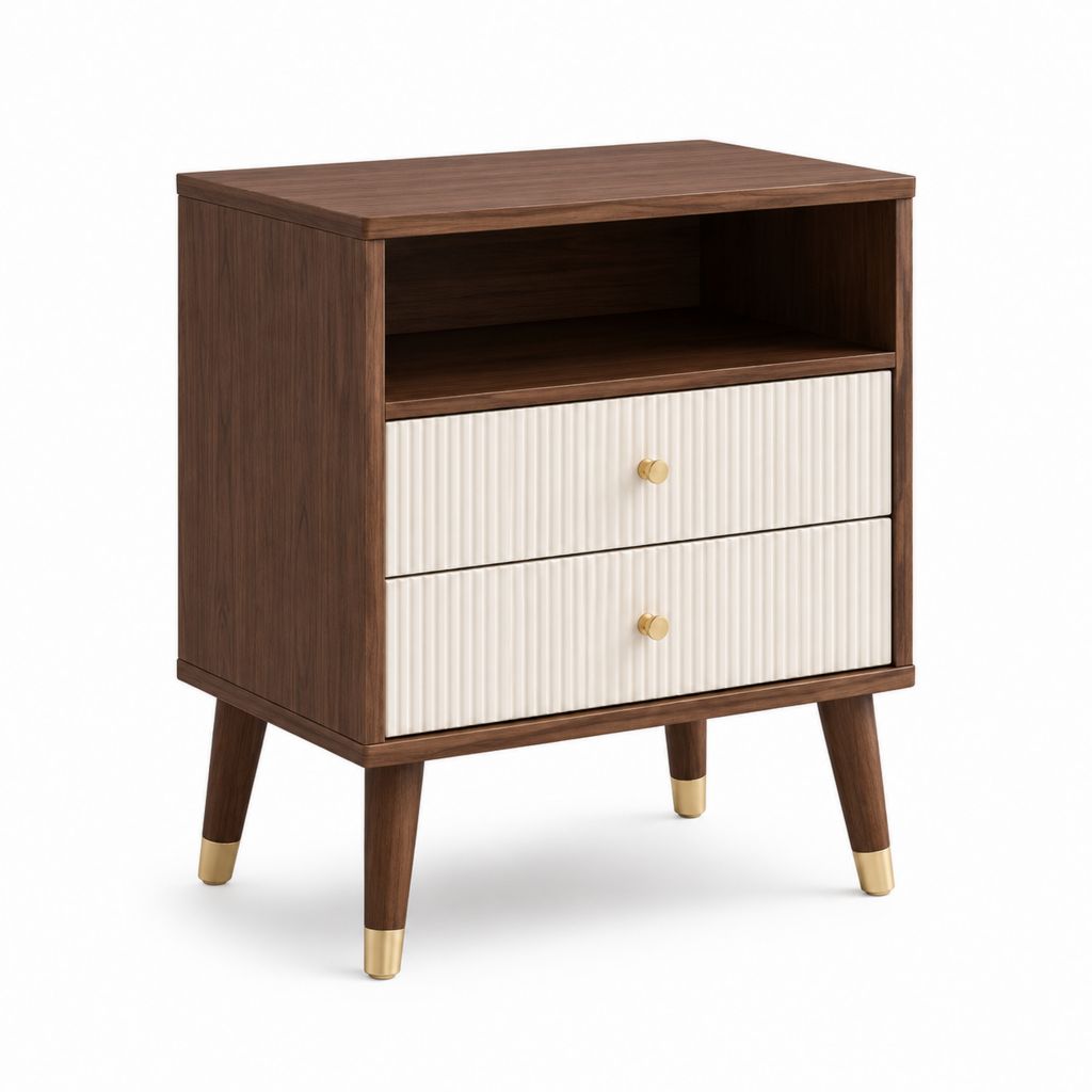Table de chevet 2 tiroirs avec niche ouverte noyer et blanc 50 x 40 x 60 cm