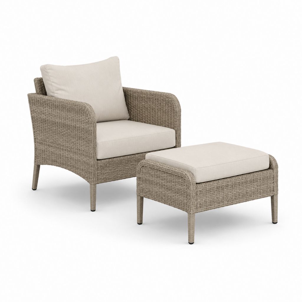 Fauteuil de jardin avec repose-pieds beige en rotin PE et aluminium 78 x 82 x 88 cm