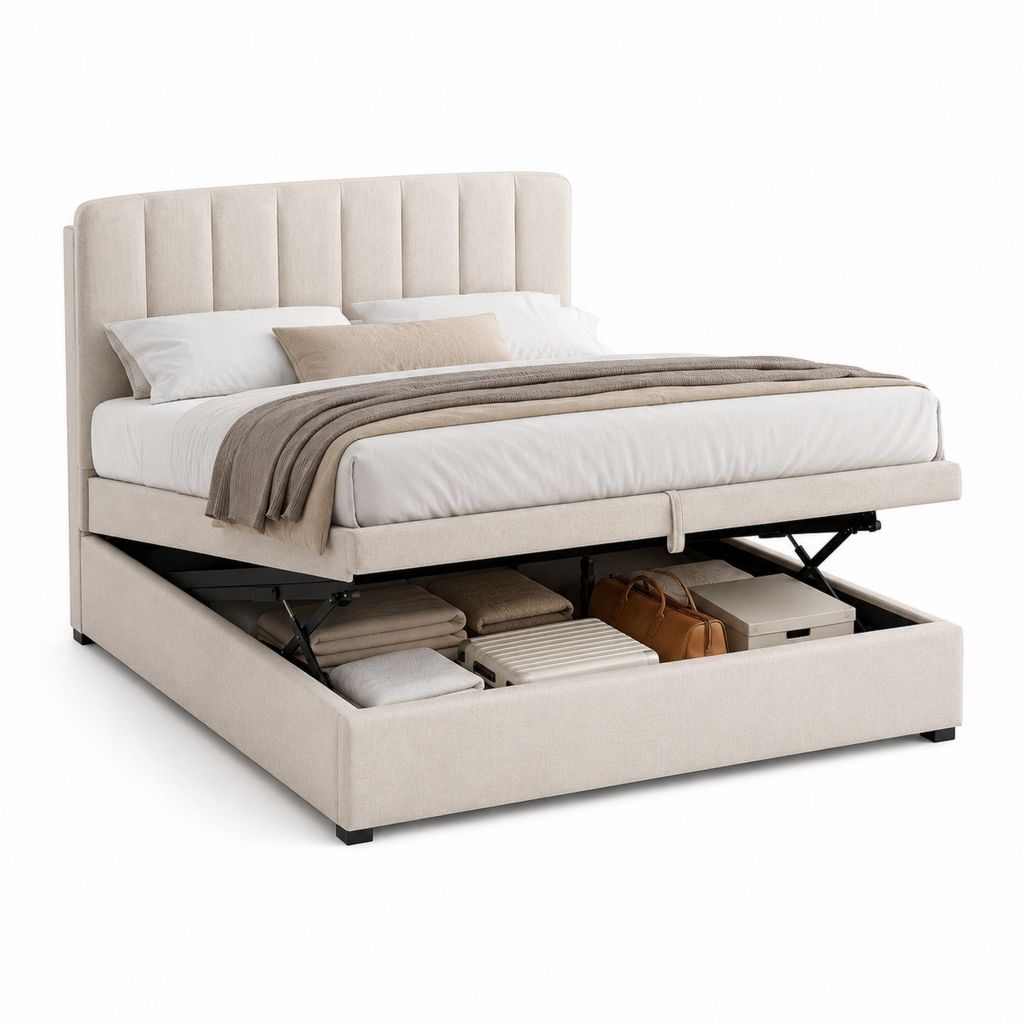 Lit coffre 160 x 200 cm beige en polyester avec tête de lit capitonnée