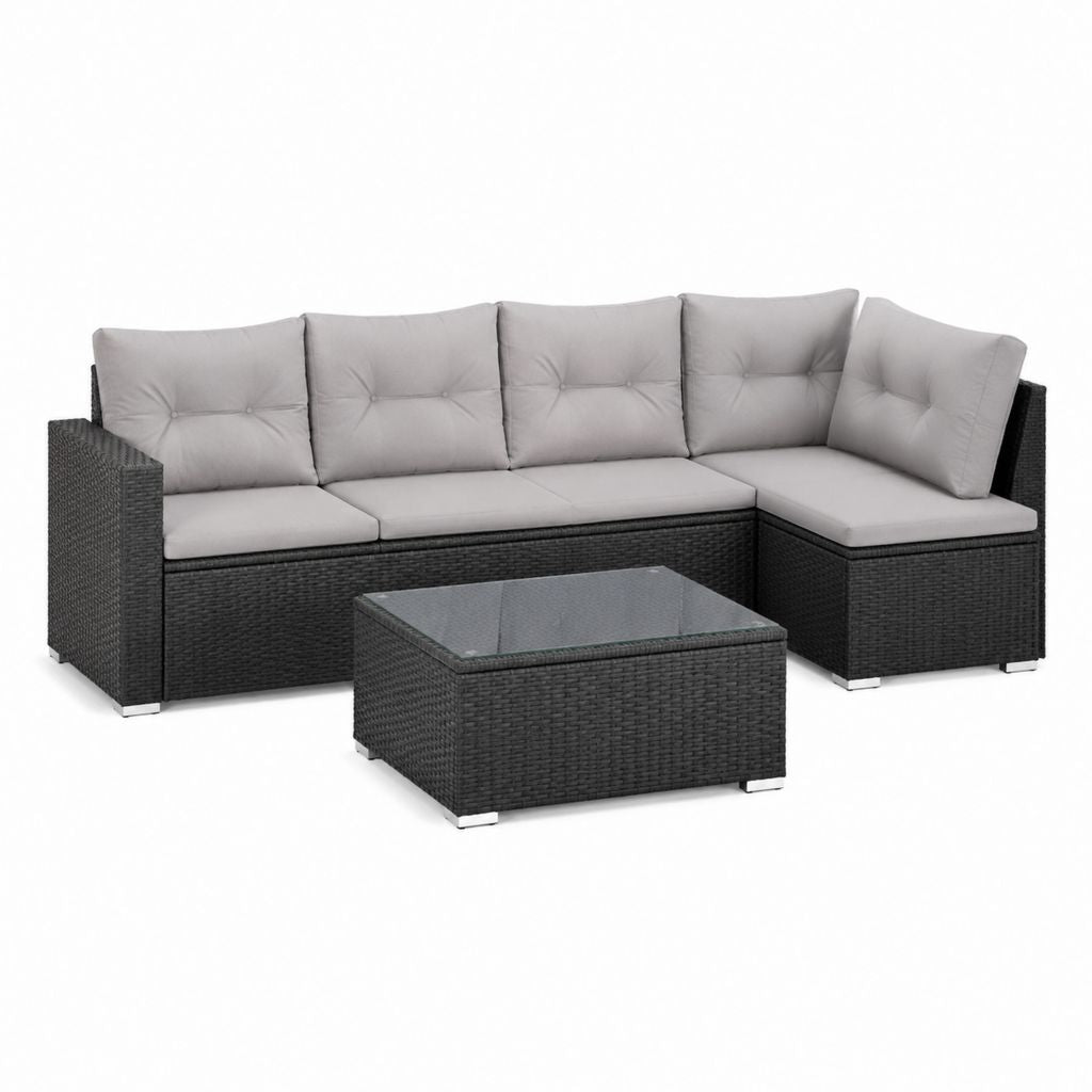 Salon de jardin d'angle 4 pièces noir et gris en résine tressée PE avec table basse 195 x 195 x 63 cm