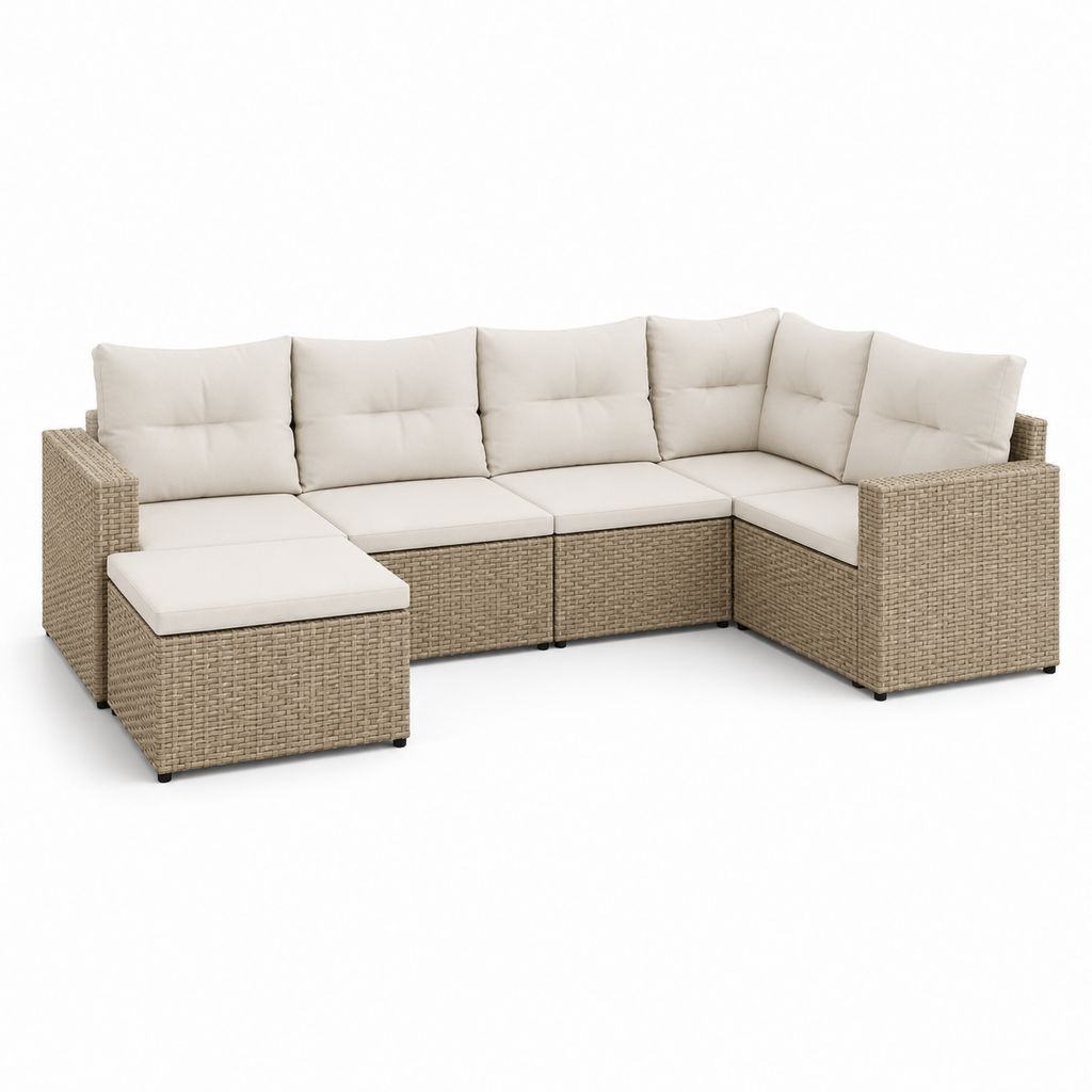 Salon de jardin modulable d'angle 6 pièces beige en résine tressée PE avec coussins 280 x 210 x 65 cm