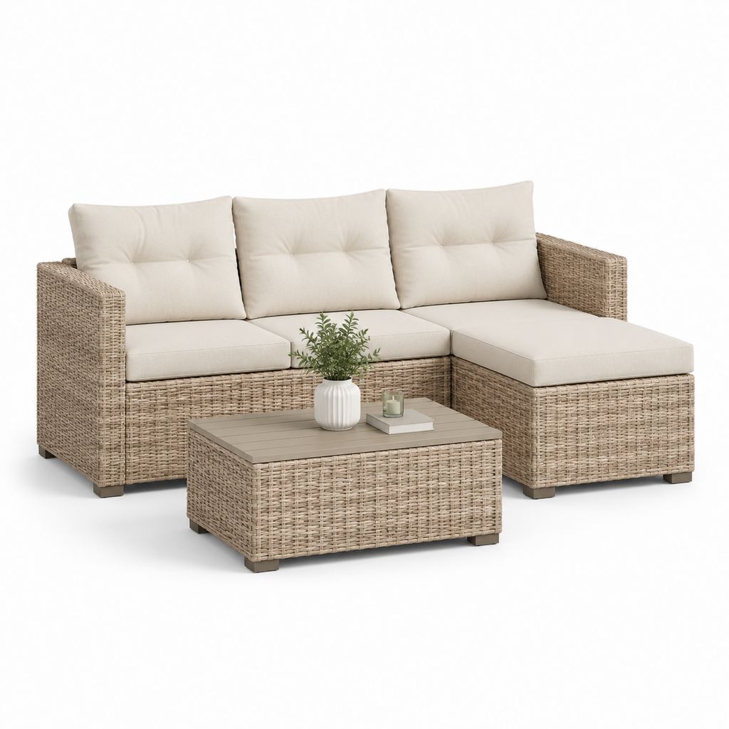 Salon de jardin d'angle 4 pièces beige en résine tressée PE avec coussins 198 x 140 x 65 cm