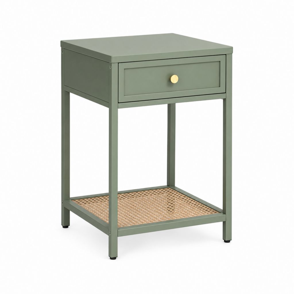 Table d'appoint carrée avec tiroir vert sauge en acier et rotin 46 x 35 x 65 cm
