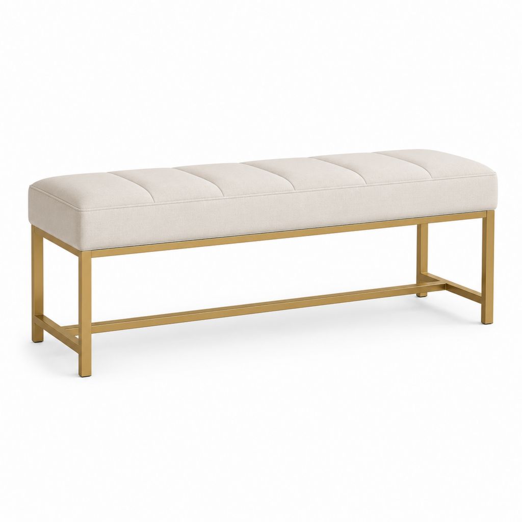 Banc de lit capitonné beige avec cadre en acier doré 120 x 40 x 46 cm