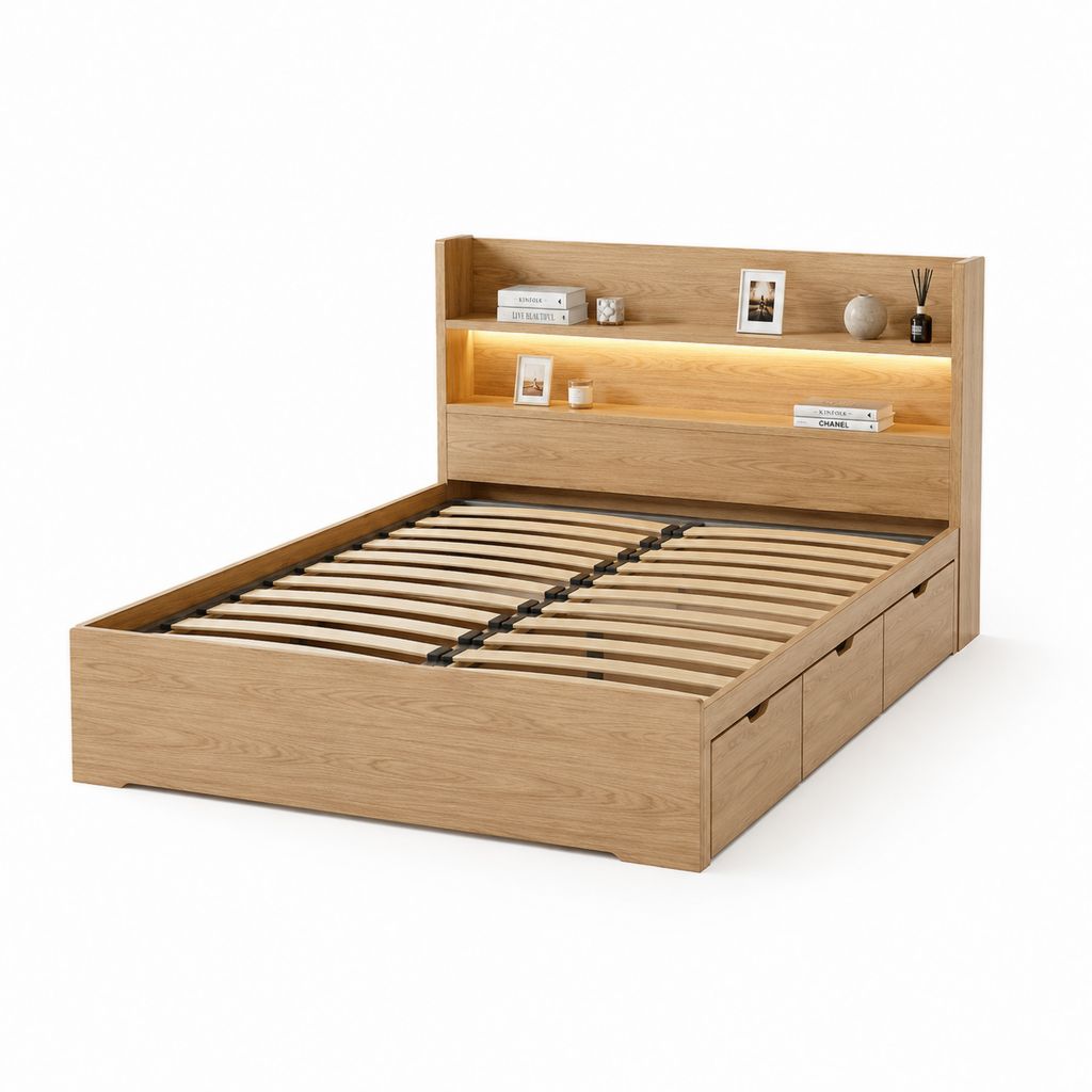 Lit double avec rangement chêne clair en panneaux de particules 160 x 200 cm avec tête de lit LED