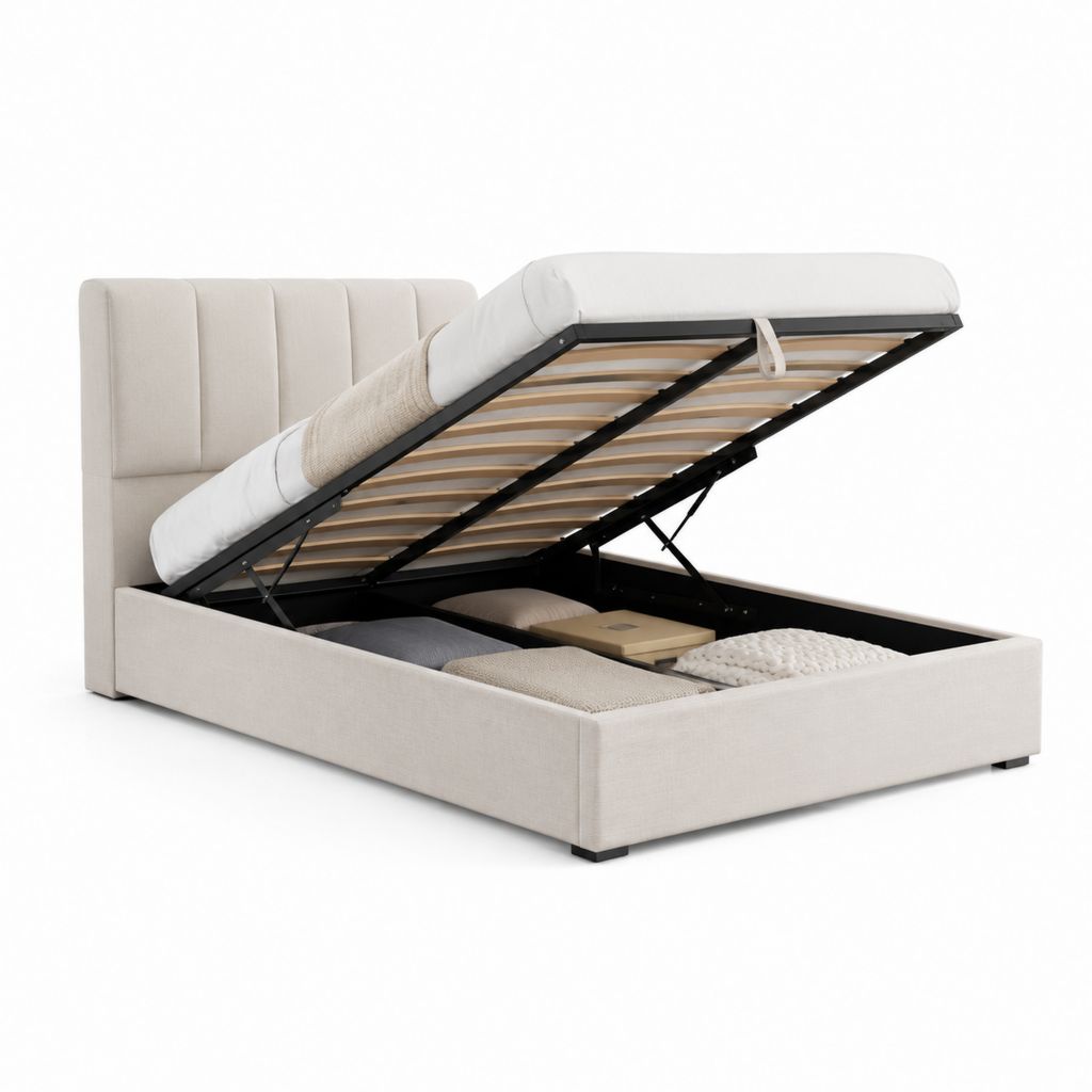 Lit coffre double 160 x 200 cm beige en polyester avec sommier à lattes relevable