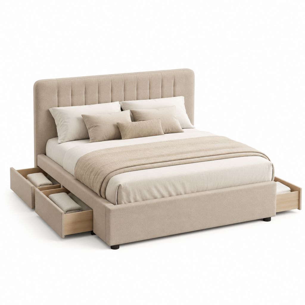 Lit double avec rangement beige en polyester 160 x 200 cm avec 4 tiroirs latéraux