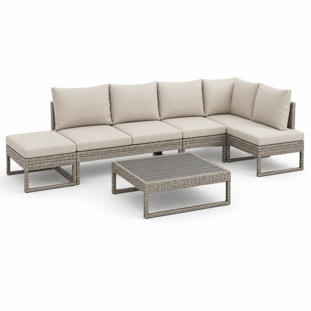 Salon de jardin d'angle 6 pièces en L gris taupe et beige en résine tressée PE avec coussins polyester 280 x 140 x 75 cm