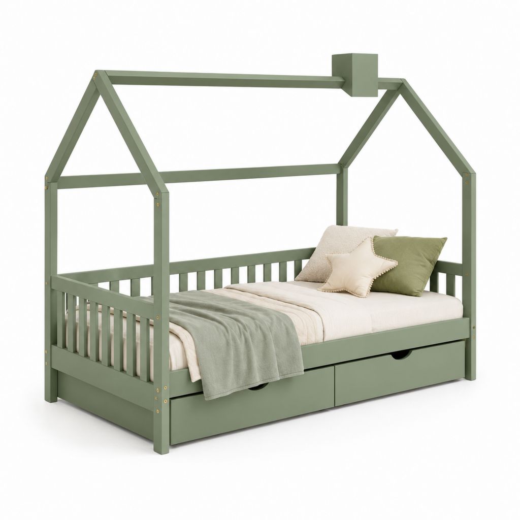 Lit cabane enfant vert sauge en pin massif 90 x 200 cm avec 2 tiroirs