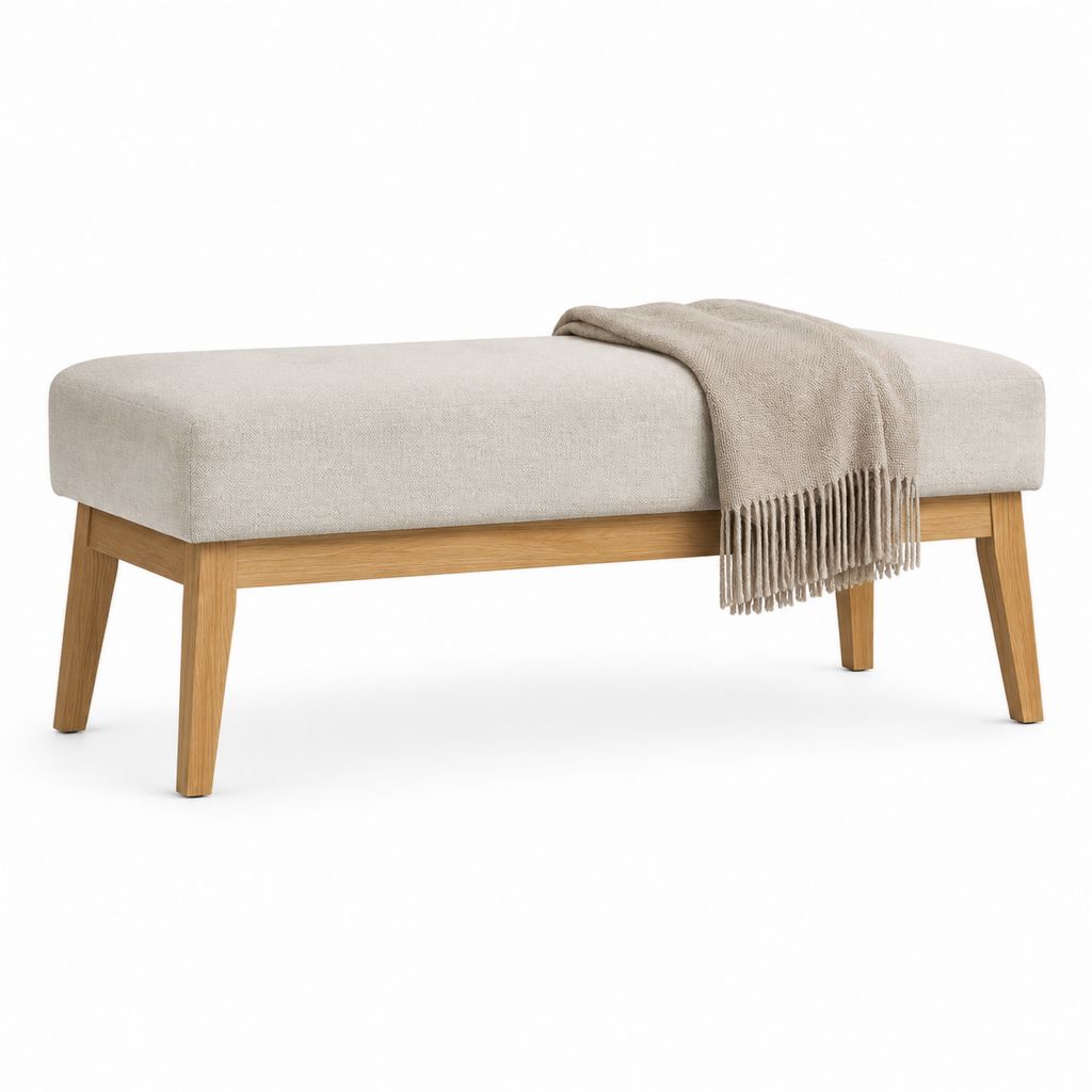 Banc de bout de lit rectangulaire beige en polyester et bois d'hévéa 120 x 40 x 45 cm