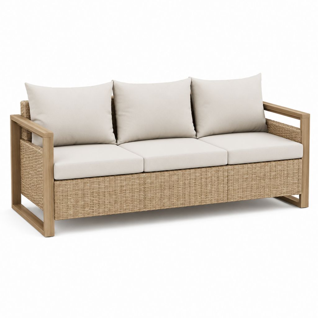 Canapé de jardin droit 3 places beige en acacia massif et résine tressée PE 180 x 75 x 82 cm