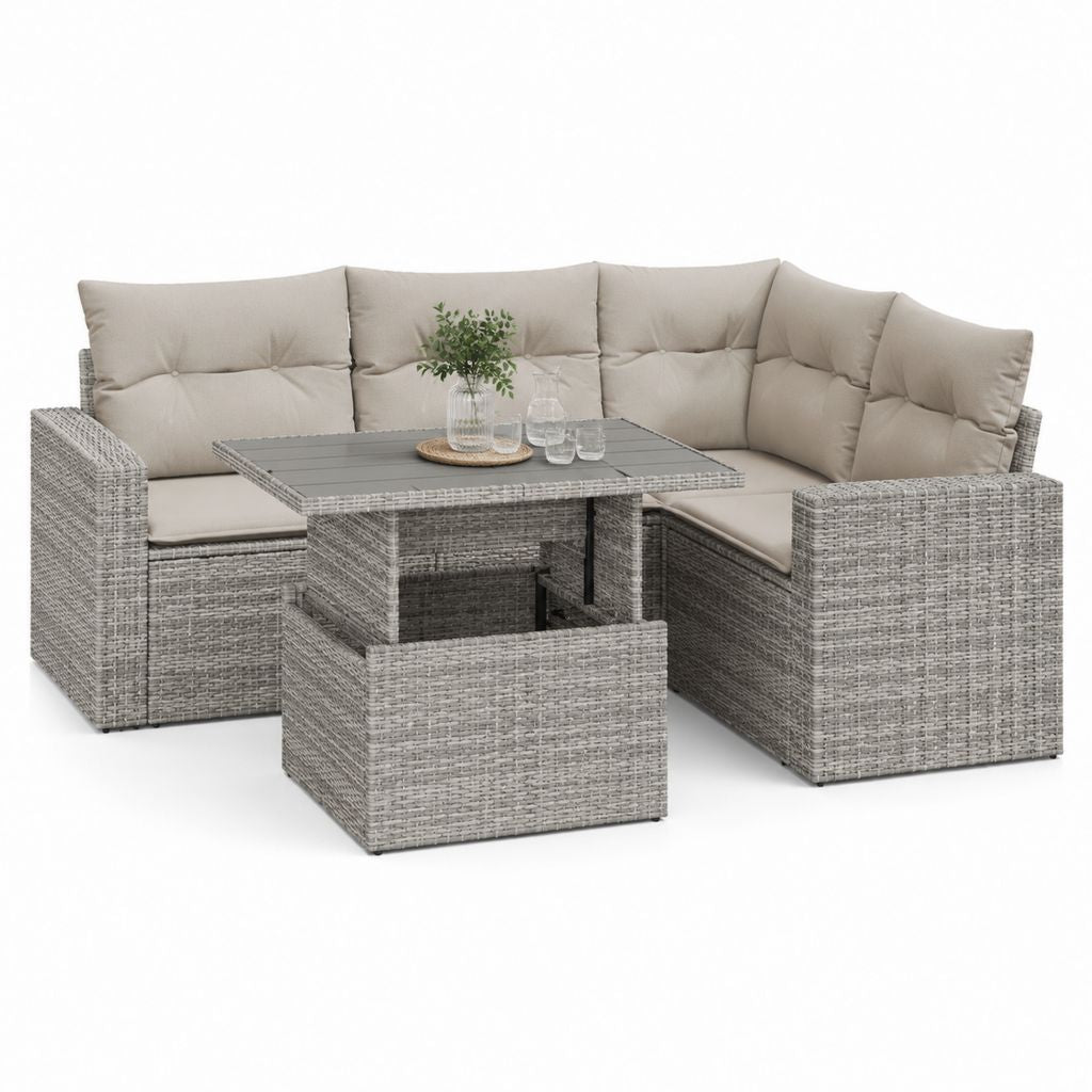 Salon de jardin d'angle 6 places gris en résine tressée PE avec table relevable 220 x 220 cm
