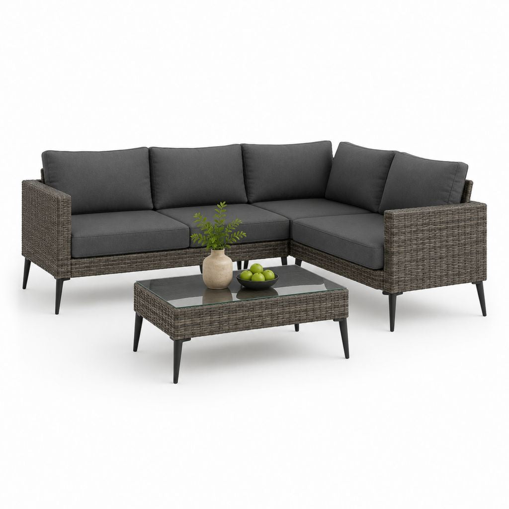 Salon de jardin d'angle 3 places en L gris anthracite en rotin PE avec table basse en verre trempé 220 x 170 x 78 cm